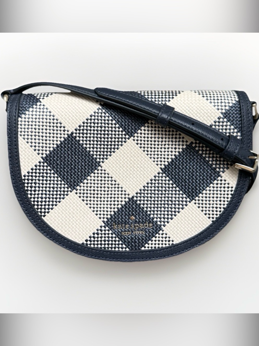 Kate Spade New York Luna Crossbody Bag Gingham Woven Straw Crescent Blue/ White